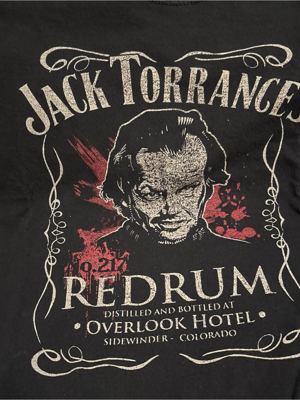 Fruit of the Loom Black Tee with White and Red Jack Torrance Graphic